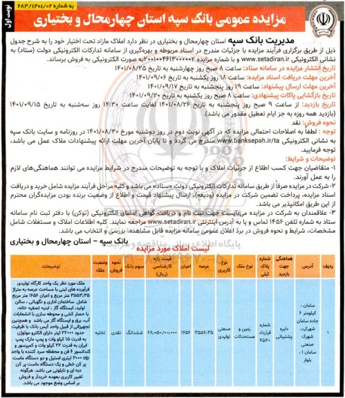 مزایده فروش املاک مازاد تحت اختیار