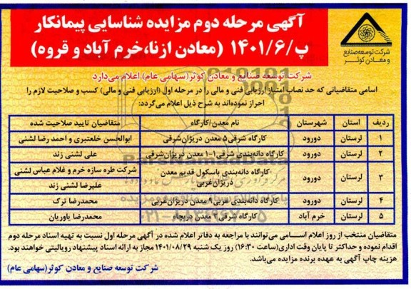 مناقصه و مزایده آگهی مرحله دوم شناسایی پیمانکار معادن 