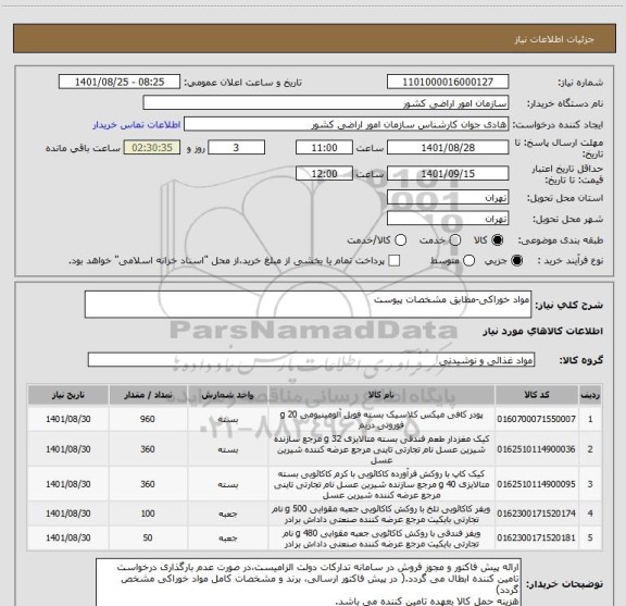 استعلام مواد خوراکی-مطابق مشخصات پیوست