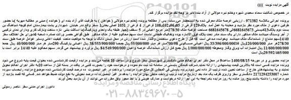 مزایده فروش  پلاک129 فرعی از 85و96و102و108 فرعی از 4 فرعی از 1031 اصلی 