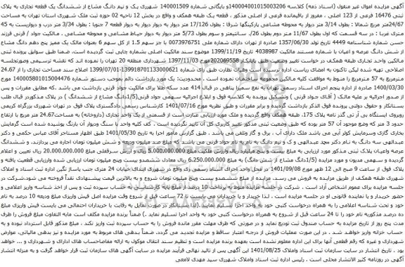آگهی مزایده یک و نیم دانگ مشاع از ششدانگ یک قطعه تجاری به پلاک ثبتی 16476 فرعی از 123 اصلی