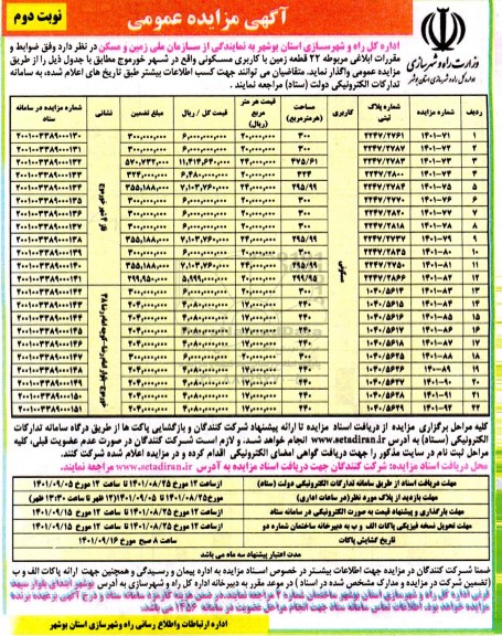 مزایده واگذاری 22 قطعه زمین واقع در شهر ...- نوبت دوم
