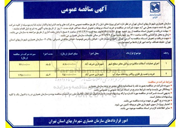 مناقصه اجرای عملیات آسفالت مکانیزه و روکش معابر....