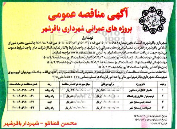 مناقصه عمومی تکمیل کانال دره مافتون... 