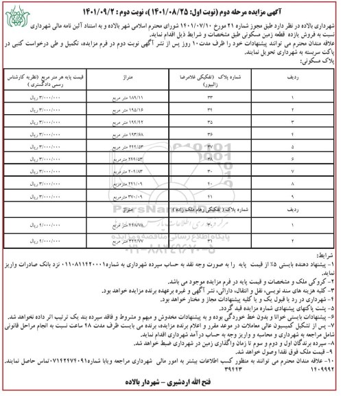مزایده فروش یازده قطعه زمین مسکونی - مرحله دوم نوبت اول