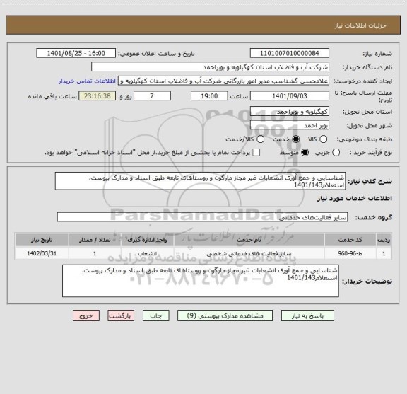 استعلام شناسایی و جمع آوری انشعابات غیر مجاز مارگون و روستاهای تابعه طبق اسناد و مدارک پیوست، استعلام1401/143