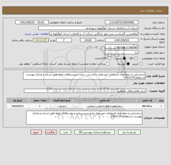 استعلام شناسایی و جمع آوری انشعابات غیر مجاز دنا و سی سخت و روستاهای تابعه طبق اسناد و مدارک پیوست، استعلام1401/141
