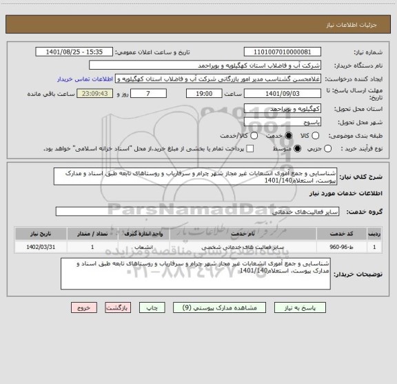 استعلام شناسایی و جمع آموری انشعابات غیر مجاز شهر چرام و سرفاریاب و روستاهای تابعه طبق اسناد و مدارک پیوست، استعلام1401/140