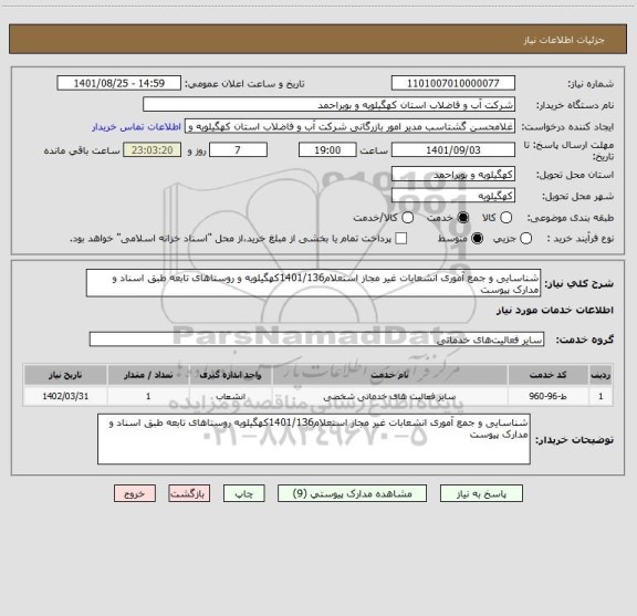 استعلام شناسایی و جمع آموری انشعابات غیر مجاز استعلام1401/136کهگیلویه و روستاهای تابعه طبق اسناد و مدارک پیوست