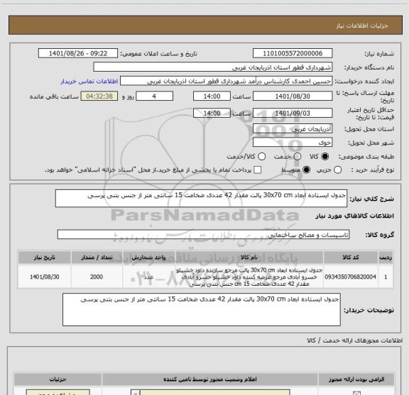 استعلام جدول ایستاده ابعاد 30x70 cm پالت مقدار 42 عددی ضخامت 15 سانتی متر از جنس بتنی پرسی