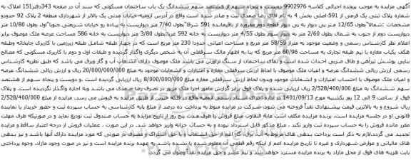 آگهی مزایده دویست و پنجاه سهم از هشتصد سهم ششدانگ یک باب ساختمان مسکونی