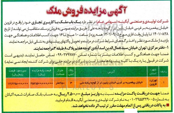 مزایده فروش ملک با کاربری تجاری