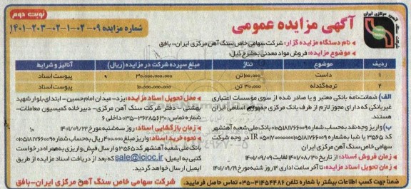 مزایده فروش مواد معدنی- نوبت دوم