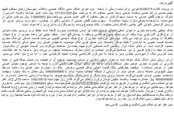 مزایده فروش یک واحد تجاری