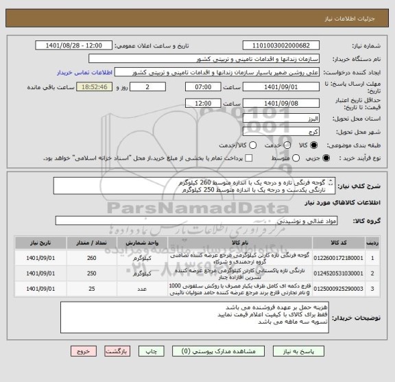 استعلام گوجه فرنگی تازه و درجه یک با اندازه متوسط 260 کیلوگرم
نارنگی یکدست و درجه یک با اندازه متوسط 250 کیلوگرم
قارچ درجه یک 25 کیلوگرم