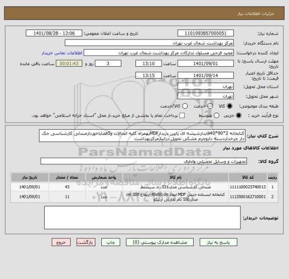 استعلام کتابخانه 2*90*40قابدارشیشه ای پایین دربدارMDFبهمراه کلیه اتصالات و5فضاپاخوردارصندلی کارشناسی جک دار چرخداردسته داروچرم مشکی تحویل درانبارمرکزبهداشت