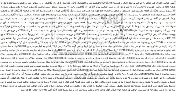 آگهی مزایده  22سهم وسه یازدهم سهم مشاع از 140سهم شش دانگ یک قطعه زمین زراعتی 