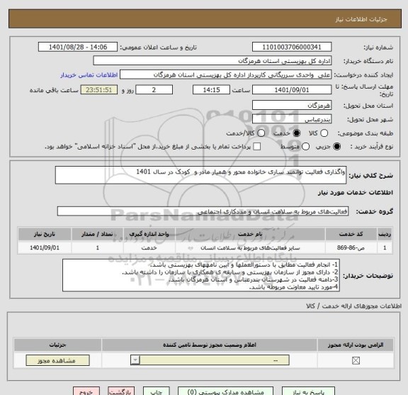 استعلام واگذاری فعالیت توانمند ساری خانواده محور و همیار مادر و  کودک در سال 1401