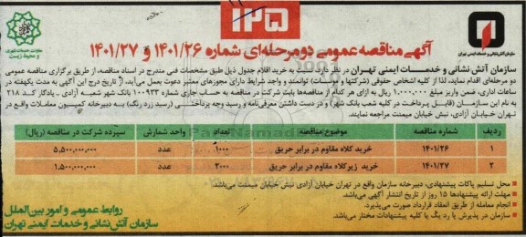 مناقصه خرید کلاه مقاوم در برابر حریق ...