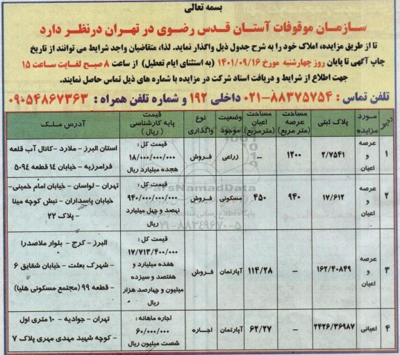 مزایده عمومی واگذاری املاک 