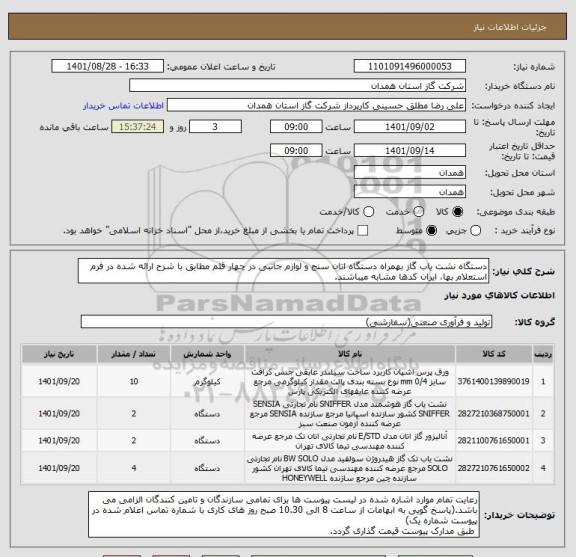 استعلام دستگاه نشت یاب گاز بهمراه دستگاه اتان سنج و لوازم جانبی در چهار قلم مطابق با شرح ارائه شده در فرم استعلام بها، ایران کدها مشابه میباشند.