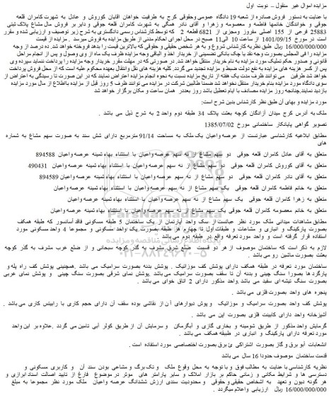 مزایده   فروش  مال مشاع  پلاک ثبتی  25883  فرعی  از  155  اصلی  مفروز  ومجزی  از  6821 قطعه  2 
