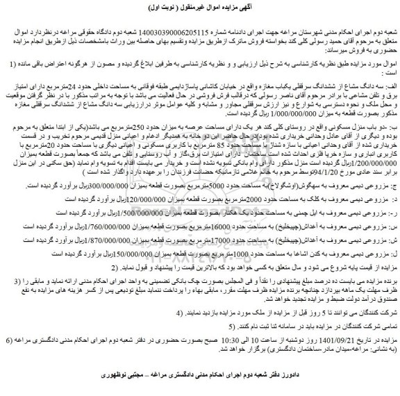 مزایده فروش الف: سه دانگ مشاع از ششدانگ سرقفلی یکباب مغازه  