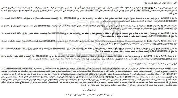 مزایده فروش غرفه شماره A3475 به متراژ 30/09متر مربع (سی متر و نه دسیمتر مربع)  