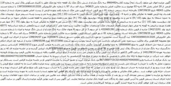 آگهی مزایده سه دانگ مشاع از شش دانگ ملک یک قطعه خانه نوع ملک طلق با کاربری مسکونی پلاک ثبتی به شماره 119 فرعی از 20 اصلی