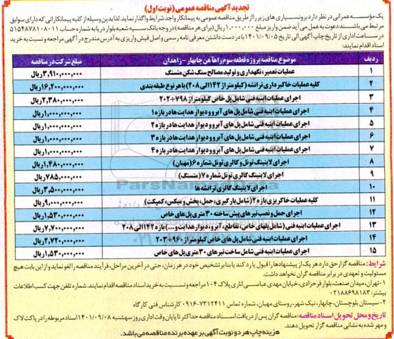 مناقصه عملیات تعمیر، نگهداری و تولید مصالح سنگ شکن متسنگ .... تجدید