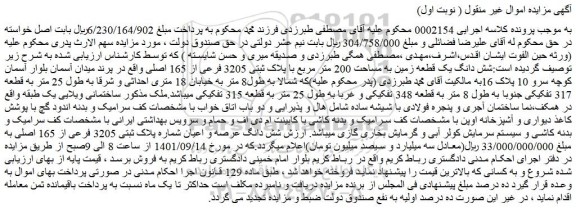 مزایده فروش شش دانگ یک قطعه زمین به مساحت 200 متر مربع با پلاک ثبتی 3205 فرعی از 165 اصلی