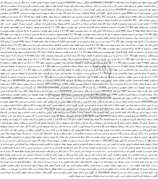 آگهی مزایده سه دانگ مشاع از ششدانگ یک قطعه آپارتمان مسکونی به پلاک ثبتی 20931 فرعی از 116 اصلی