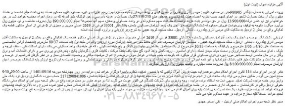 مزایده فروش ششدانگ عرصه و اعیان یک واحد آپارتمان مسکونی بشماره پلاک ثبتی 33001 فرعی از 2619 اصلی مفروز و مجزی از 6 فرعی از اصلی مذکور قطعه یک تفکیکی 