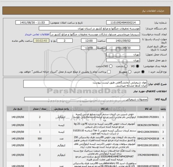 استعلام مواد شیمیایی آزمایشگاهی طبق لیست پیوست
ایران کدها مشابه میباشند.