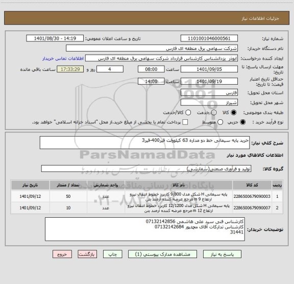 استعلام خرید پایه سیمانی خط دو مداره 63 کیلوولت قیر400-قیر3