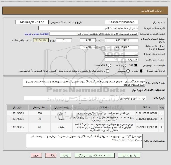 استعلام خرید مرغ گوشتی ، و برنج هندی روغن آفتاب گردان 5 لیتری تحویل در محل شهرداری و تسویه حساب پس از تایید مسئول مربوطه