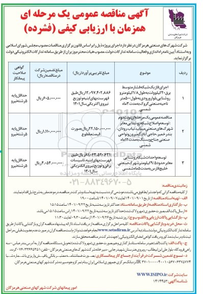 مناقصه عمومی اجرای فاز یک شبکه فشار متوسط برق 20 کیلوولت... 