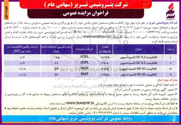 فراخوان مزایده چهار بچ از کاتالیست های مستعمل حاوی پلاتین