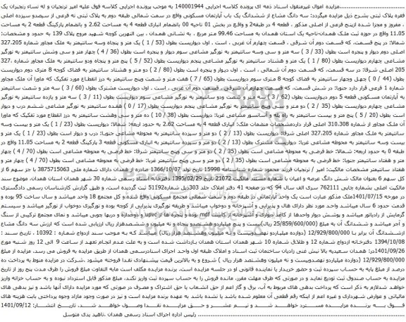 آگهی مزایده سه دانگ مشاع از ششدانگ یک باب آپارتمان مسکونی