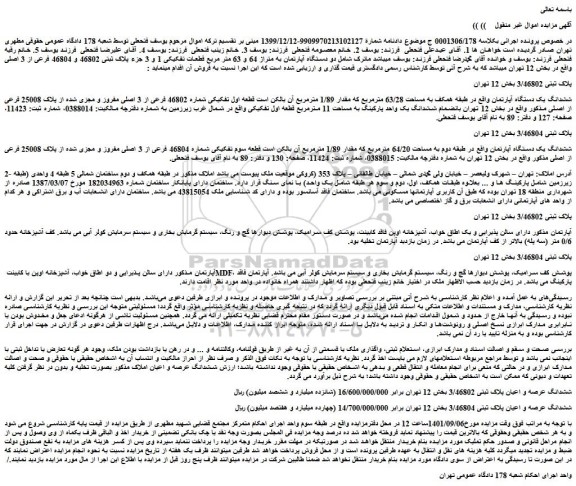 مزایده فروش ششدانگ یک دستگاه آپارتمان