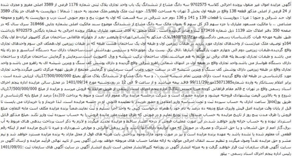 آگهی مزایده سه دانگ مشاع از ششدانگ یک باب واحد تجاری پلاک ثبتی شماره 1176 فرعی از 3589 اصلی مفروز و مجزی شده از 24 فرعی از اصلی