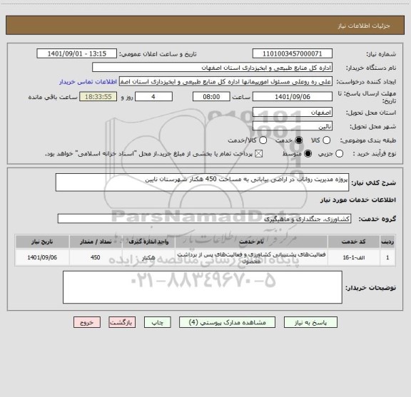 استعلام پروژه مدیریت رواناب در اراضی بیابانی به مساحت 450 هکتار شهرستان نایین