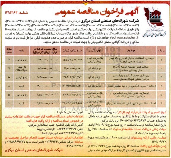 مناقصه عمومی روسازی، آسفالت، جدول گذاری و لکه گیری....