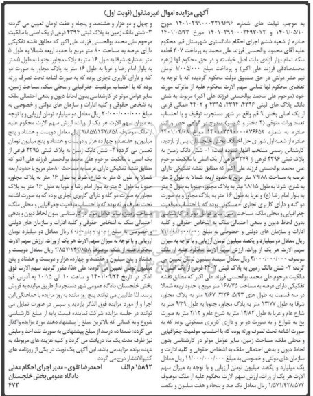 مزایده شش دانگ زمین به پلاک ثبتی 4396 فرعی از 3379 فرعی از یک اصلی به مساحت 79.88 متر مربع  دارای کاربری تجاری- مسکونی و...