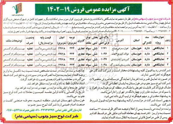 مزایده فروش مجموعه نمایشگاهی با امکانات تلویزیون ، کولر