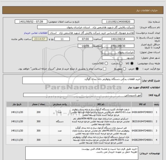 استعلام خرید قطعات یدکی دستگاه روتوفرمر دانه بندی گوگرد