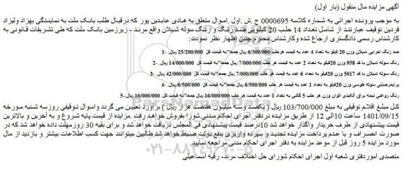 مزایده فروش تعداد 14 حلب 20 کیلویی ضد زنگ و رنگ سوله شیلان 