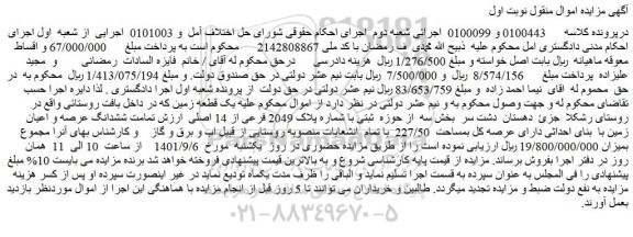 مزایده فروش تمامت ششدانگ عرصه و اعیان زمین با بنای احداثی دارای عرصه کل بمساحت 227/50 با تمام