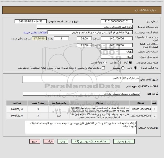 استعلام میز اداری و فایل 4 کشو
