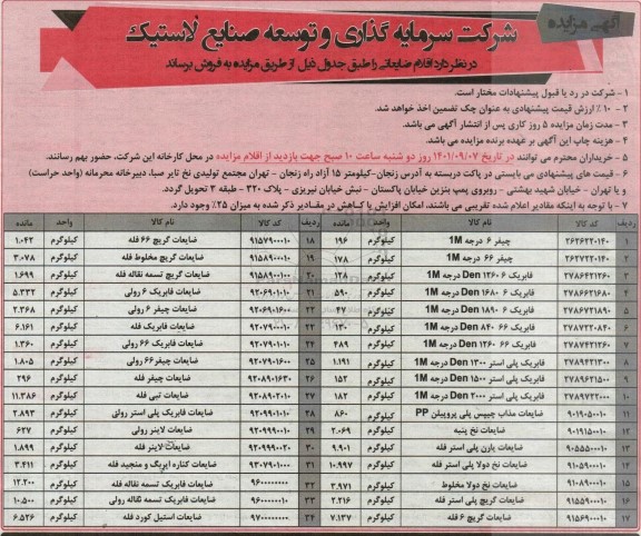 مزایده فروش اقلام ضایعاتی شامل چیفر 6 درجه 1M و...